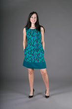 60s Style Cotton Dress Green Feather Print with Pockets