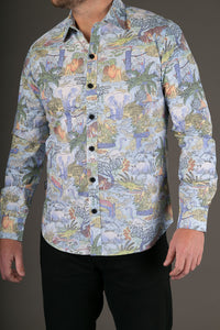 Animal Jungle Blue Print Cotton Slim Fit Mens Shirt Long Sleeve