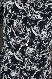 Black White Fish Print Cotton Slim Fit Mens Shirt Short Sleeve