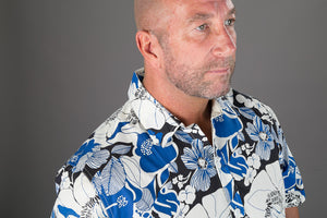 Blue White Aloha Print Cotton Slim and Regular Fit Mens Hawaiian Shirt Short Sleeve