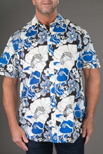 Blue White Aloha Print Cotton Slim and Regular Fit Mens Hawaiian Shirt Short Sleeve