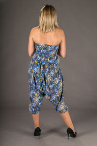 Blue Yellow Floral Print Cotton Harem Yoga Jumpsuit Pants