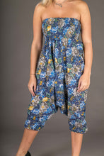 Blue Yellow Floral Print Cotton Harem Yoga Jumpsuit Pants