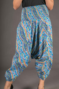 Blue Yellow Wave Print Cotton Harem Yoga Jumpsuit Pants
