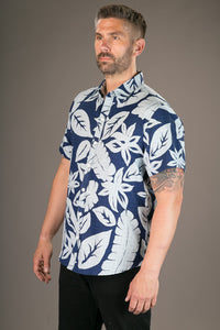 Blue Floral Large Aloha Print Cotton Slim Fit Mens Shirt Short Sleeve