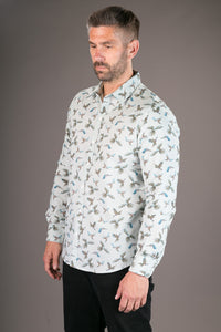 Parrots Blue Print Cotton Slim Fit Mens Shirt Long Sleeve