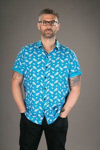 Birds Blue Print Cotton Slim and Regular Fit Mens Shirt Short Sleeve