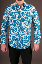 Blue Floral Print Cotton Slim Fit Mens Shirt Long Sleeve