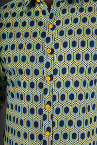 Blue Yellow Green Geometric Print Cotton Slim and Regular Fit Mens Shirt Long Sleeve