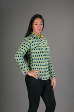 Blue Yellow Geometric Print Cotton Slim Fit Womens Shirt Long Sleeve