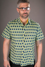 Blue Yellow Green Geometric Print Cotton Slim Fit Mens Shirt Short Sleeve
