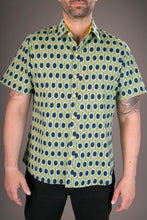 Blue Yellow Green Geometric Print Cotton Slim Fit Mens Shirt Short Sleeve
