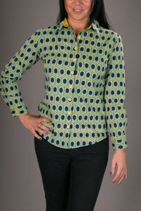 Blue Yellow Geometric Print Cotton Slim Fit Womens Shirt Long Sleeve