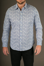 Blue White Embroidered Print Cotton Slim Fit Mens Shirt Long Sleeve