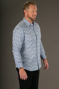 Blue White Embroidered Print Cotton Slim Fit Mens Shirt Long Sleeve