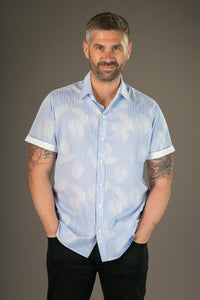 Blue Floral Print Cotton Slim Fit Mens Shirt Short Sleeve
