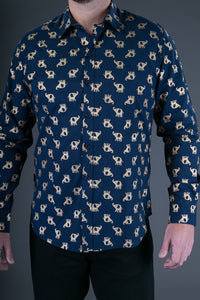 Blue Gold Elephant Print Cotton Slim and Regular Fit Mens Shirt Long Sleeve