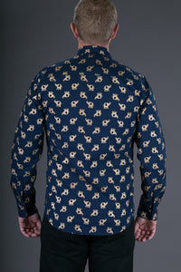 Blue Gold Elephant Print Cotton Slim and Regular Fit Mens Shirt Long Sleeve