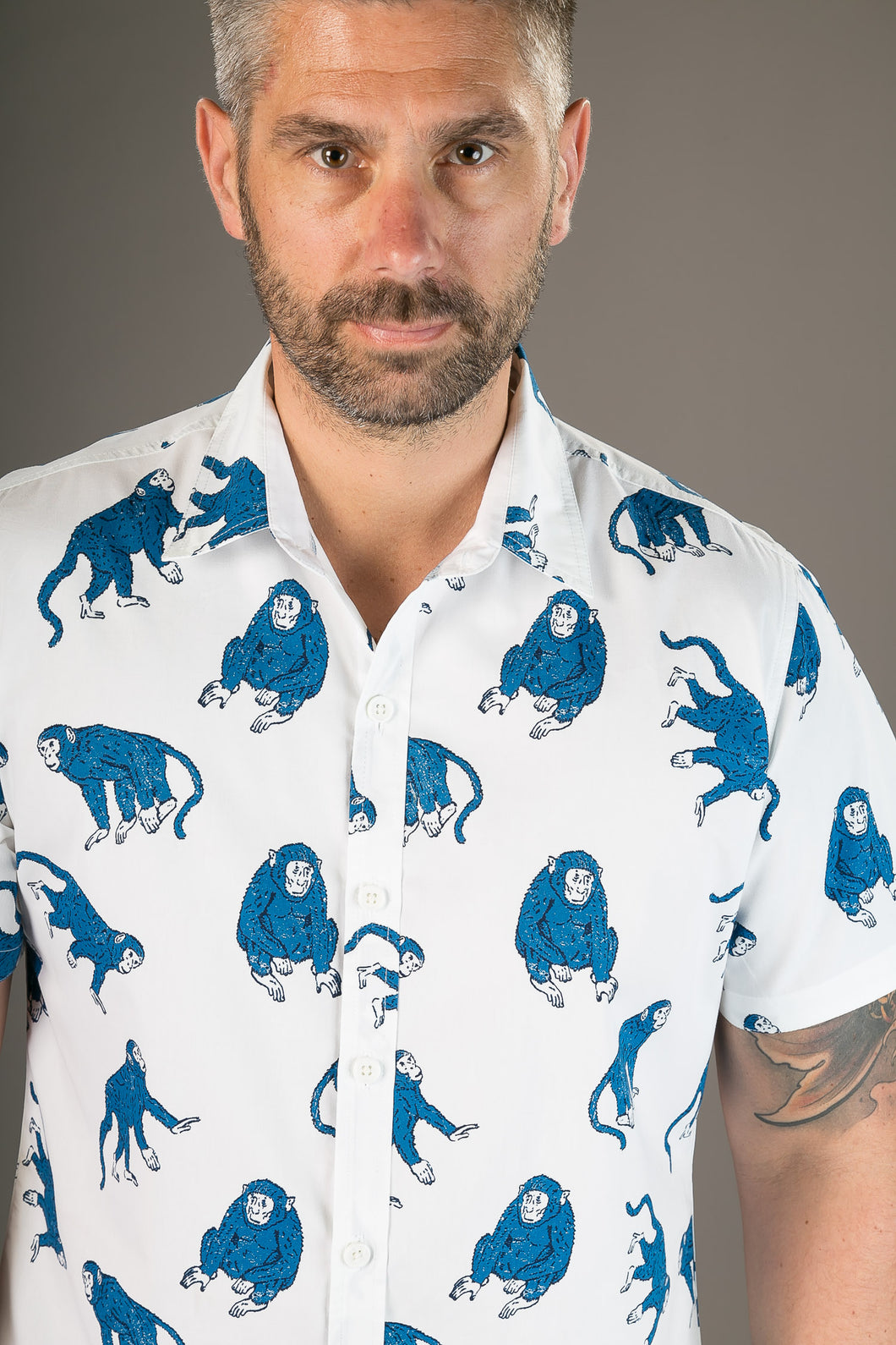 Blue Monkeys on White Print Cotton Slim Fit Mens Shirt Short Sleeve