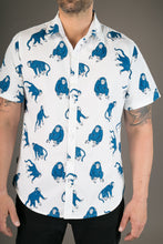Blue Monkeys on White Print Cotton Slim Fit Mens Shirt Short Sleeve