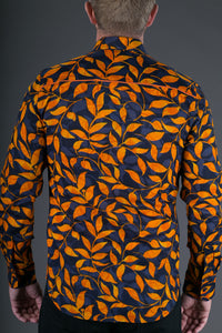 Blue Orange Floral Print Cotton Slim and Regular Fit Mens Shirt Long Sleeve