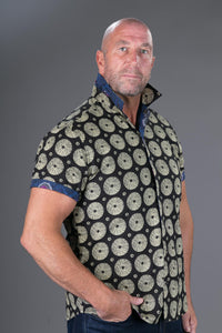 Reversible Peacock Black Print Cotton Slim Fit Mens Hawaiian Shirt Short Sleeve
