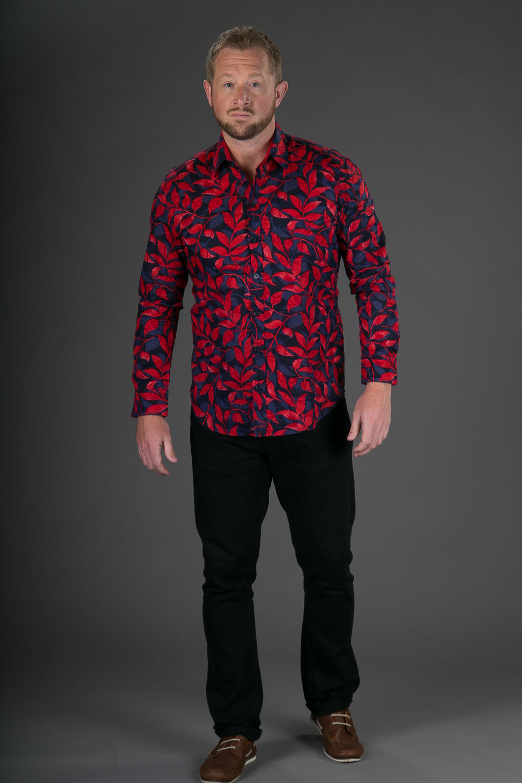 Blue Red Floral Print Cotton Slim and Regular Fit Mens Shirt Long Sleeve