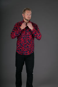 Blue Red Floral Print Cotton Slim and Regular Fit Mens Shirt Long Sleeve