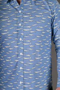 Blue White Sharks Print Cotton Slim Fit Mens Shirt Long Sleeve