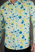Blue Yellow Birds Floral Print Cotton Slim Fit Mens Shirt Long Sleeve