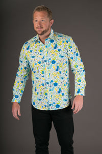 Blue Yellow Birds Floral Print Cotton Slim Fit Mens Shirt Long Sleeve