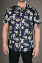 Tigers Floral Print Blue Cotton Slim-Fit Short-Sleeve Mens Shirt