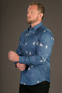 Blue White Geese Birds Print Cotton Slim and Regular Fit Mens Shirt Long Sleeve