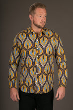 Blue Yellow Brown Print Cotton Slim and Regular Fit Mens Shirt Long Sleeve