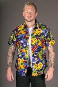 Blue Yellow Floral Print Cotton Slim and Regular Fit Mens Shirt Short Sleeve