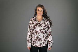 70s Brown Pink Floral Print Cotton Slim Fit Womens Shirt Long Sleeve