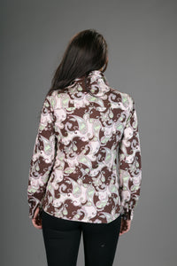 70s Brown Pink Floral Print Cotton Slim Fit Womens Shirt Long Sleeve