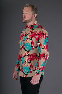 Brown Red Toucan Bird Print Cotton Slim Fit Mens Shirt Long Sleeve