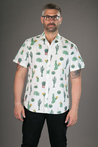 Cactus Plant White Print Cotton Slim Fit Mens Shirt Short Sleeve