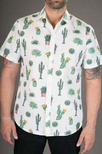 Cactus Plant White Print Cotton Slim Fit Mens Shirt Short Sleeve