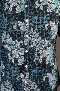 Blue White Floral Print Cotton Slim Fit Mens Shirt Long Sleeve