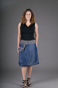 Reversible Cotton Denim Skirt Red Blue Print with Pocket