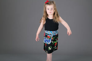 Childrens Reversible Cotton Skirt Blue Dogs Black Floral