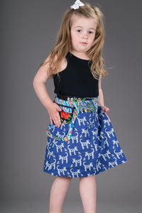 Childrens Reversible Cotton Skirt Blue Dogs Black Floral