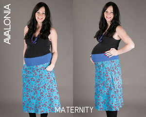 Reversible Midi Skirt Blue Floral Geometric Print with Pockets