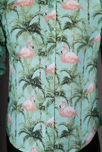 Green Pink Flamingo Birds Print Cotton Slim Fit Mens Shirt Long Sleeve