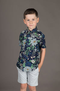 Reversible Boys Cotton Blue Floral Grey Geometric Print Short Sleeve Shirt