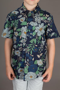 Reversible Boys Cotton Blue Floral Grey Geometric Print Short Sleeve Shirt