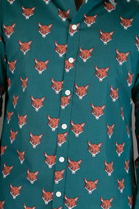 Fox Print Green Cotton Slim-Fit Long-Sleeve Mens Shirt