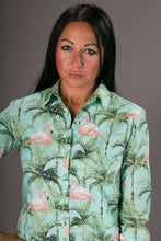 Green Flamingo Print Cotton Slim Fit Womens Shirt Long Sleeve